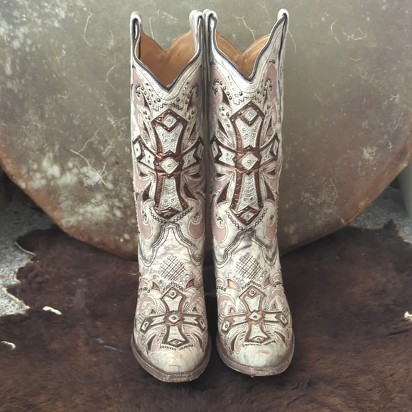 CORRAL AB084 "Sadler" ivory leather bronze cross cowgirl boot snip toe sz 9.5 - Picture 9 of 16